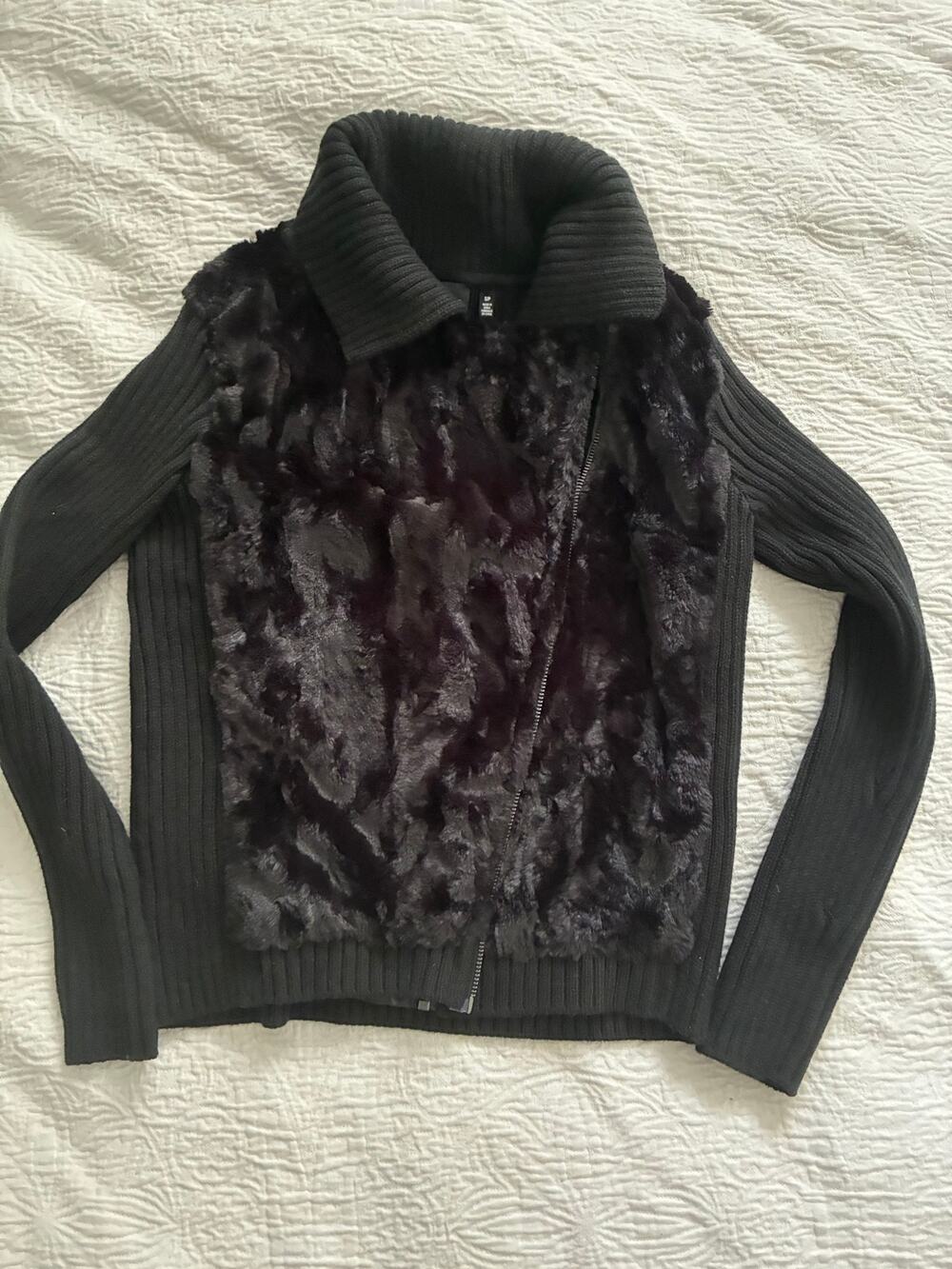 Saks Fifth Avenue Vintage Black Faux Fur Moto Jacket with Ribbed Knit, NWT